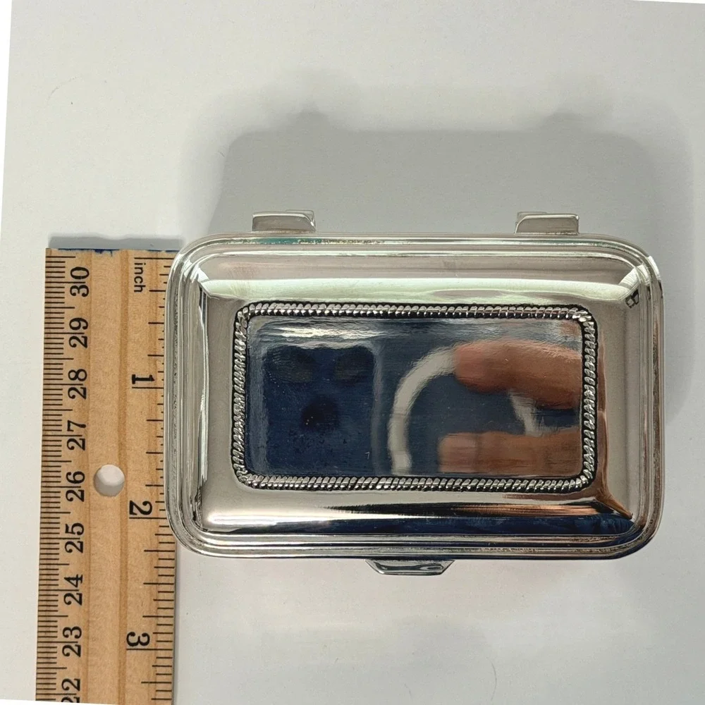 Vintage Silver Plate Trinket Box Blue Velvet Lined Jewelry Keepsake Box
